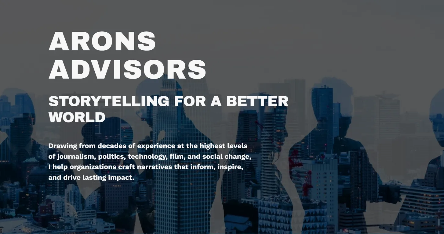 The Arons Advisors homepage: the firm name and tagline set over a city skyline double-exposed with silhouetted figures