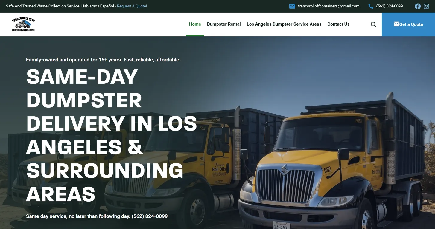 The Franco Roll Offs homepage, with the same-day delivery headline over a photo of the company's trucks and containers