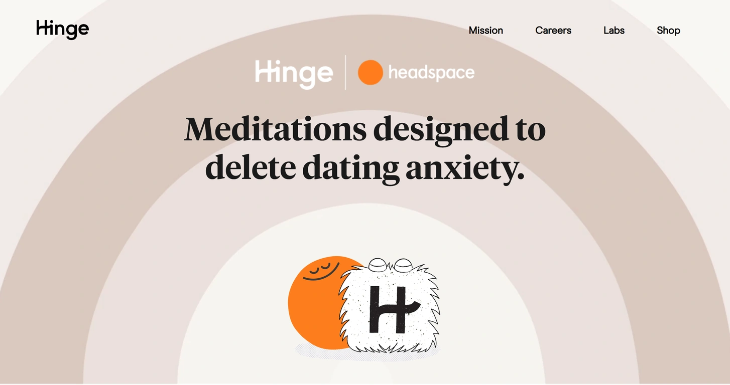 The Hinge x Headspace microsite: the co-branded lockup and headline over an animated arc background, with the Headspace Dot and Hinge Hingie characters below
