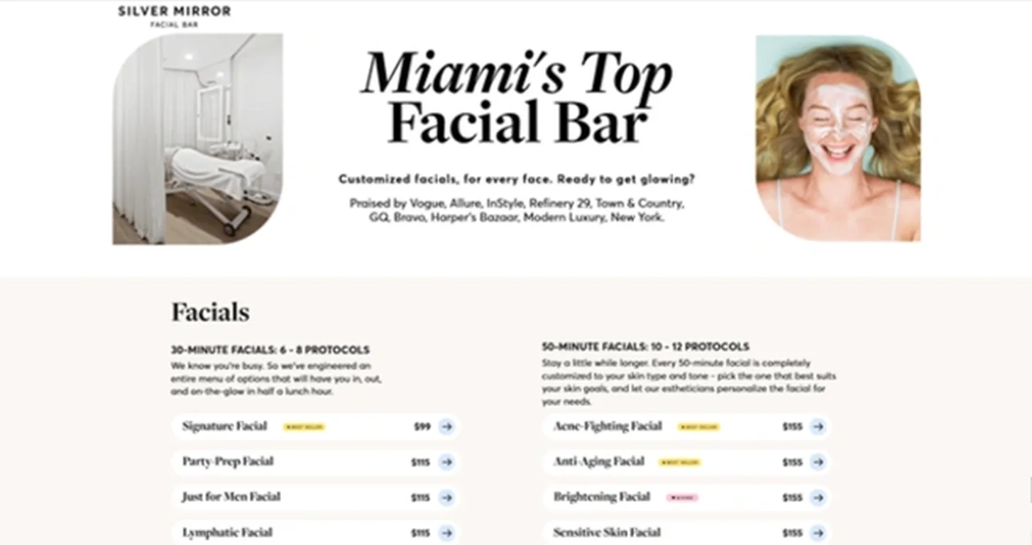 The Silver Mirror landing page: the Miami facial bar header and press list above the two-column treatment menu
